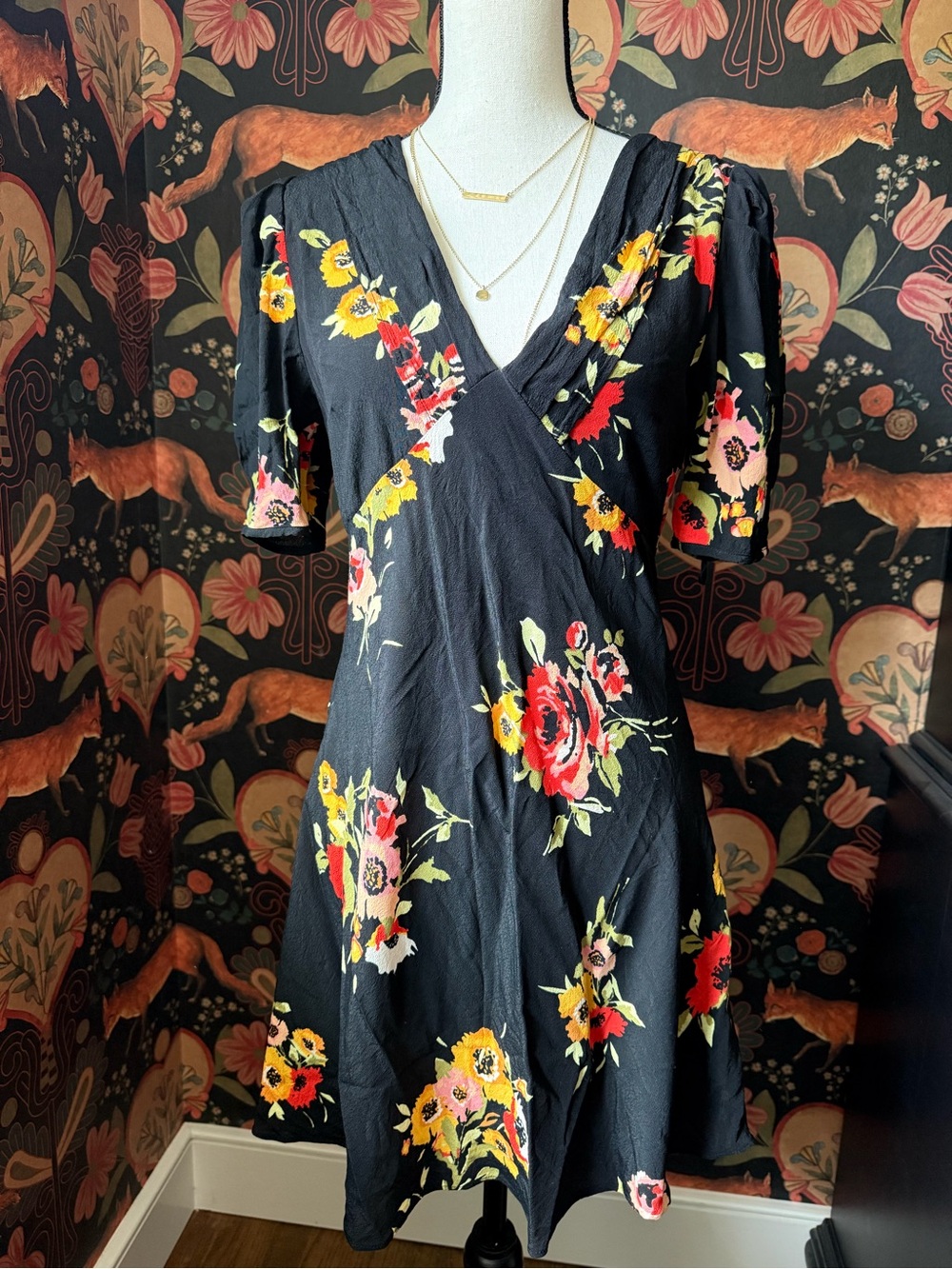 Free People Neon Garden Floral Mini Dress Size 6 Black Red Yellow Boho